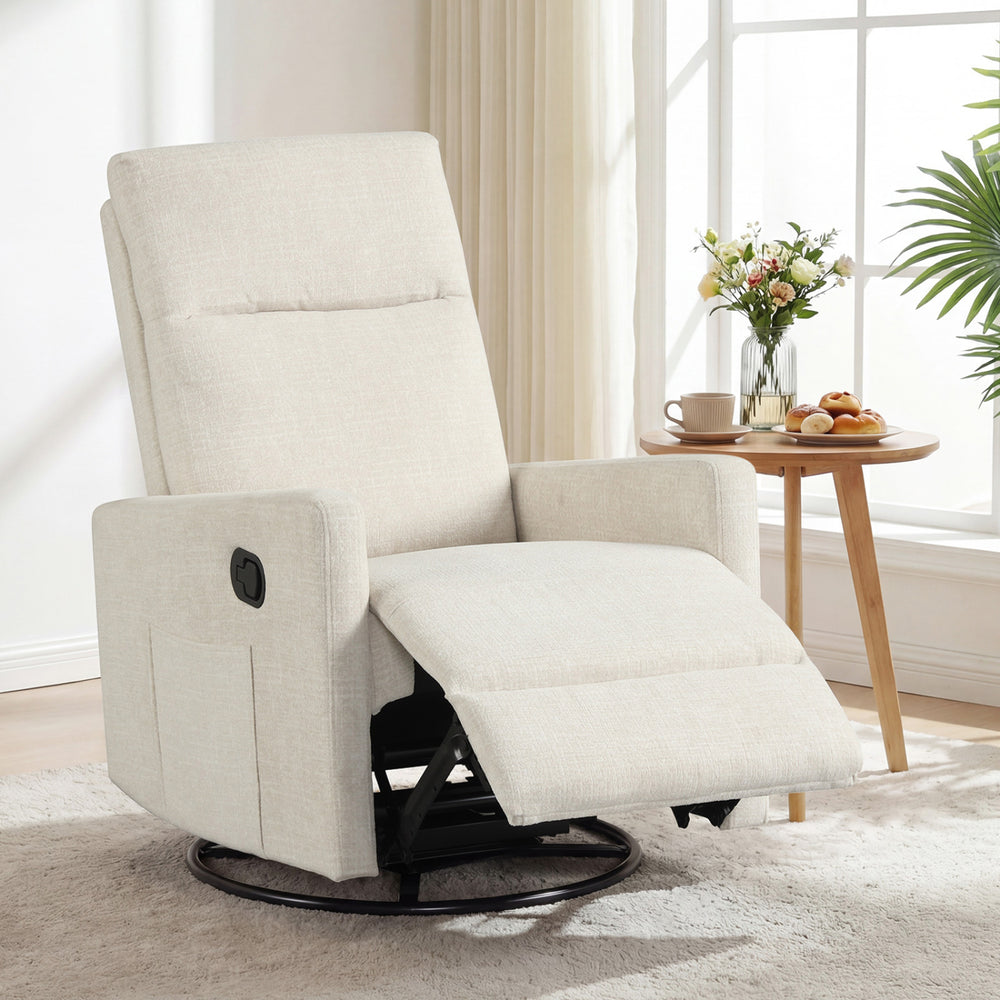 Beige swivel rocking chair with cushioned back, reclining feature, and side pocket for nursery or living room comfort.