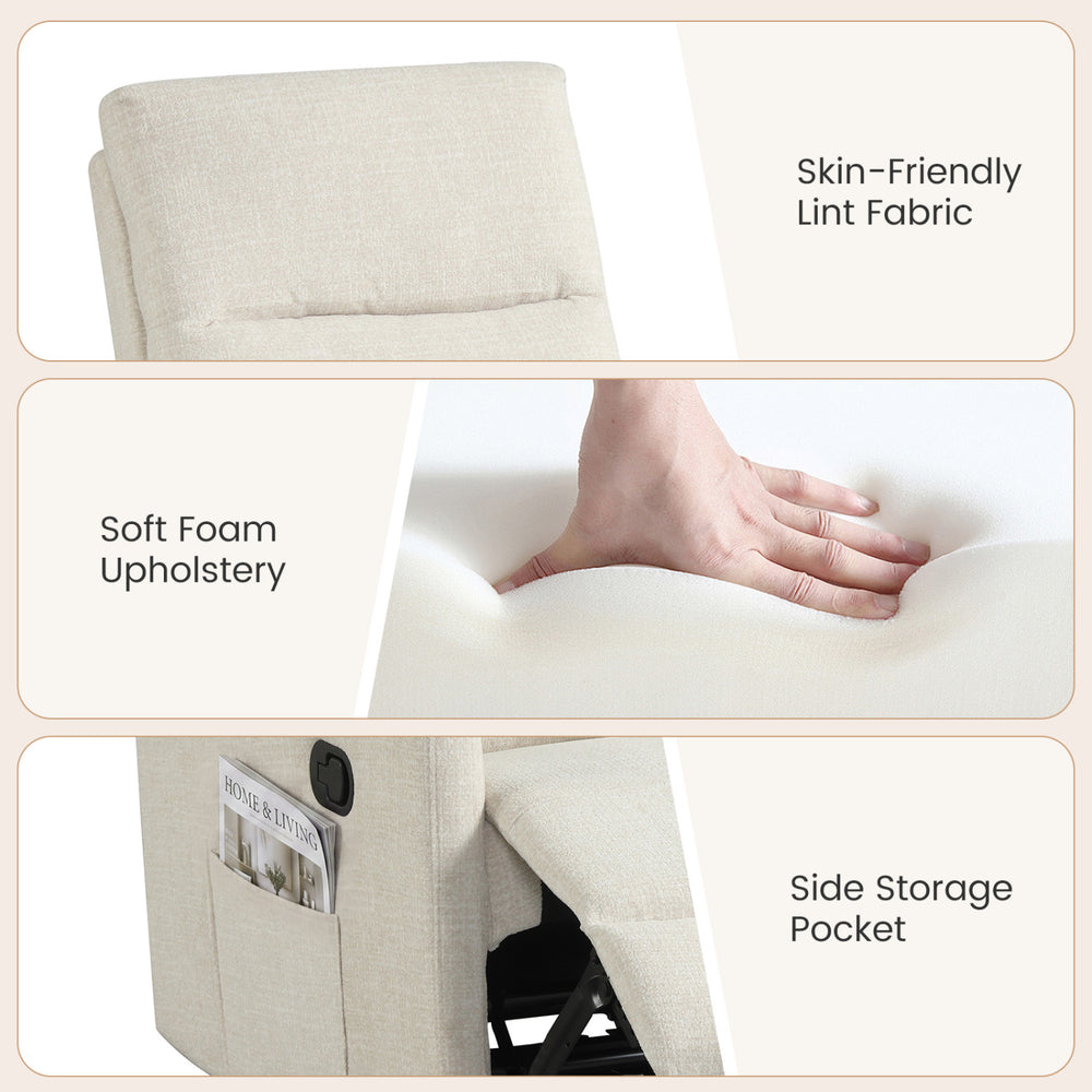 Close-up of the beige swivel rocking chair's soft foam upholstery and side storage pocket for added convenience.