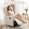 Beige swivel rocking chair with cushioned back, featuring gentle rocking motion and adjustable footrest for nursery.
