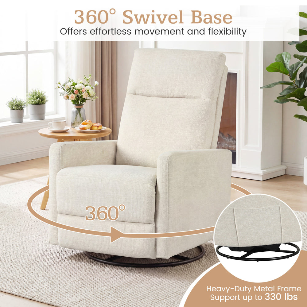 Beige swivel rocking chair with cushioned back, 360° swivel base, and adjustable footrest for nursery comfort.