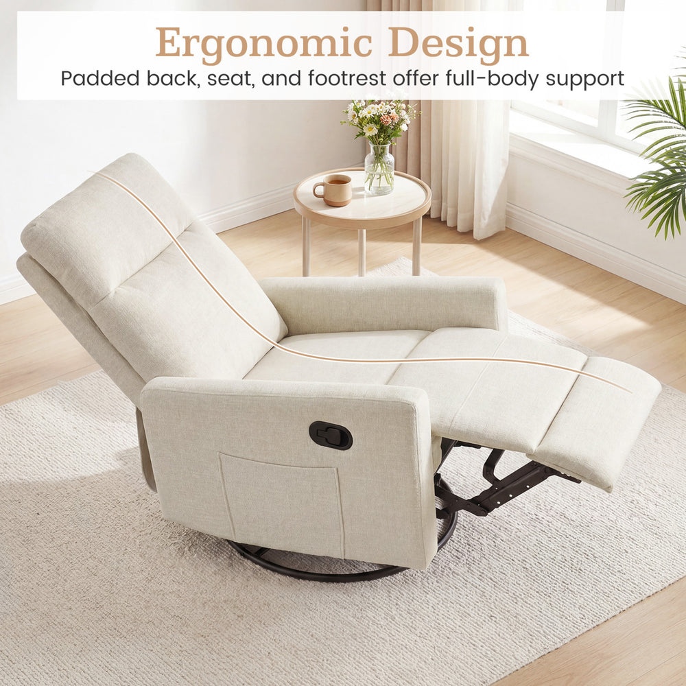 Beige swivel rocking chair with cushioned back and footrest, featuring ergonomic design for nursery comfort.