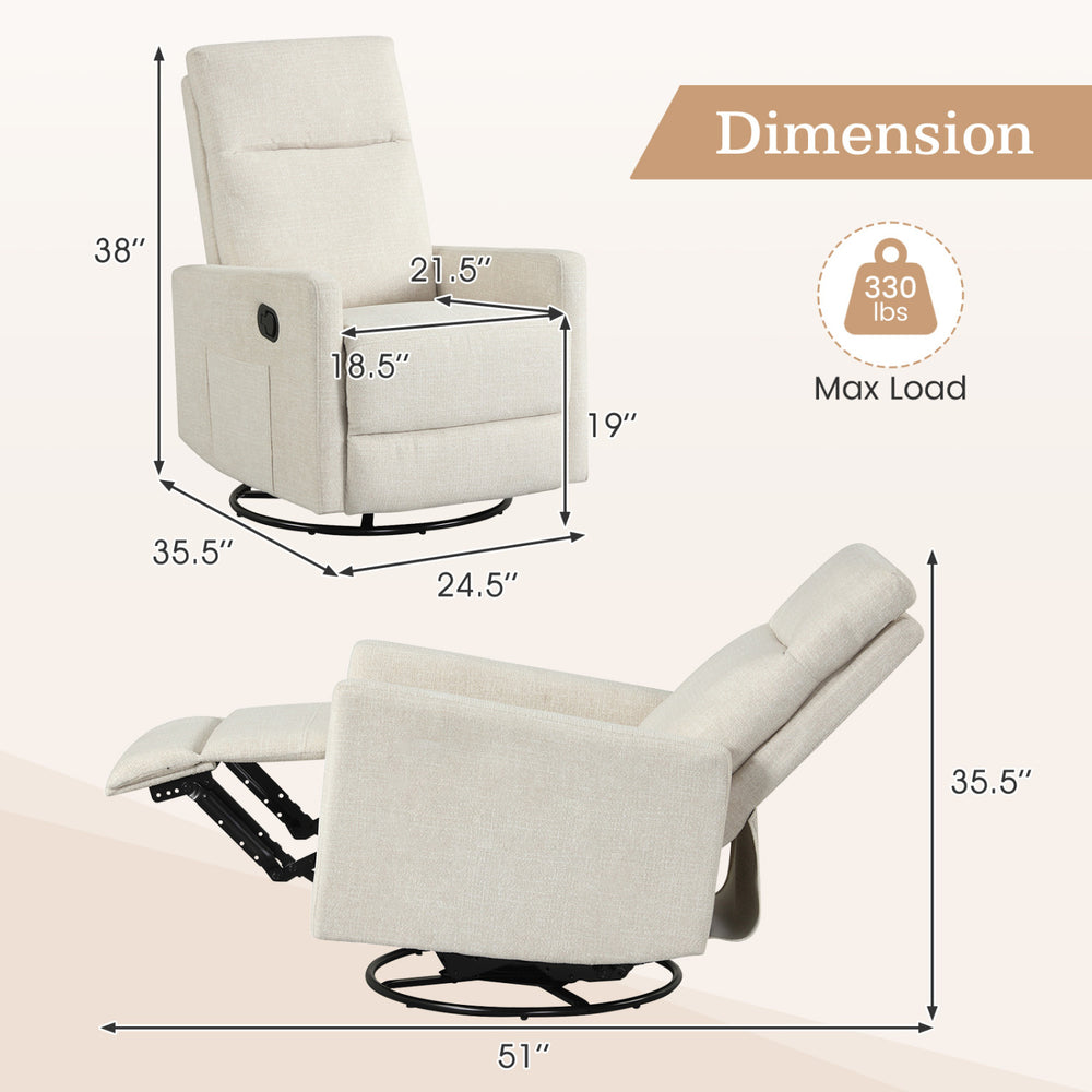 Beige swivel rocking chair with cushioned back, reclining feature, and dimensions for nursery or living room use.