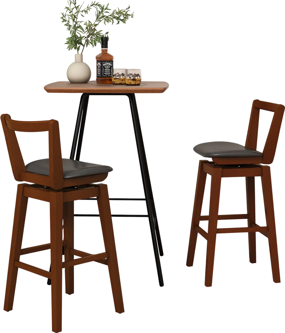 Swivel upholstered PU leather stool with cushioned seat and backrest, ideal for kitchen or bar use.