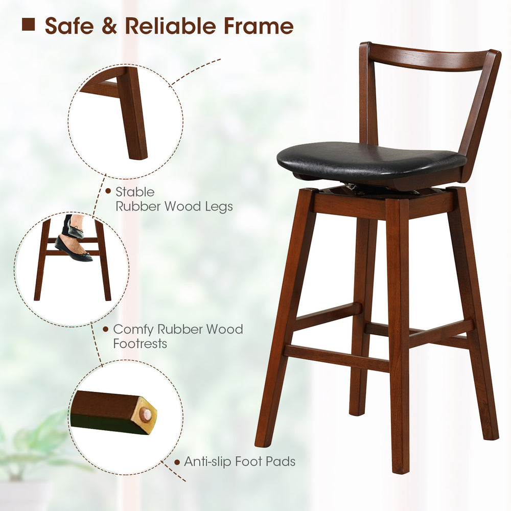 Swivel upholstered stool with backrest, cushioned PU leather seat, rubber wood legs, ideal for kitchen or bar use.