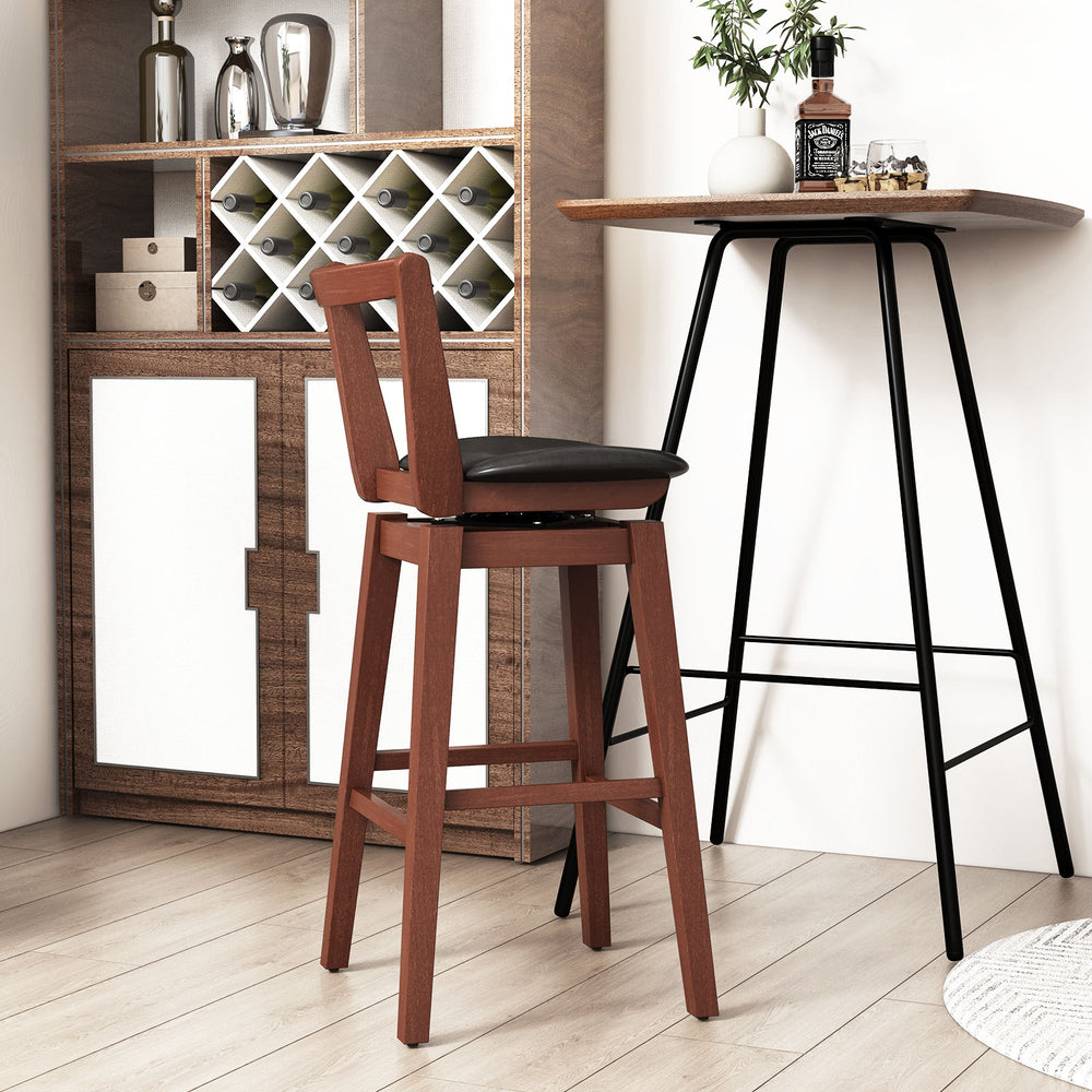 Swivel upholstered PU leather stool with backrest, 30.5 inches tall, ideal for kitchen or bar seating.