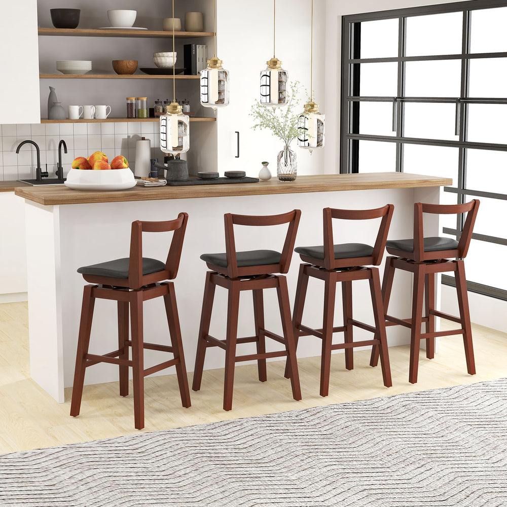 Swivel upholstered PU leather stool with backrest, cushioned seat, and footrest, ideal for kitchen or dining room use.