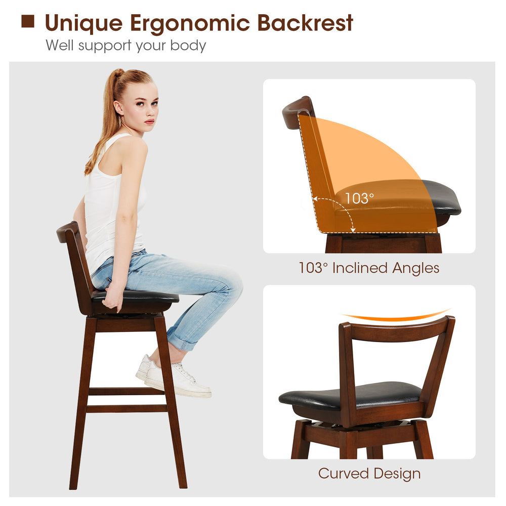 Swivel upholstered PU leather stool with a cushioned seat and ergonomic backrest, ideal for kitchen or dining use.