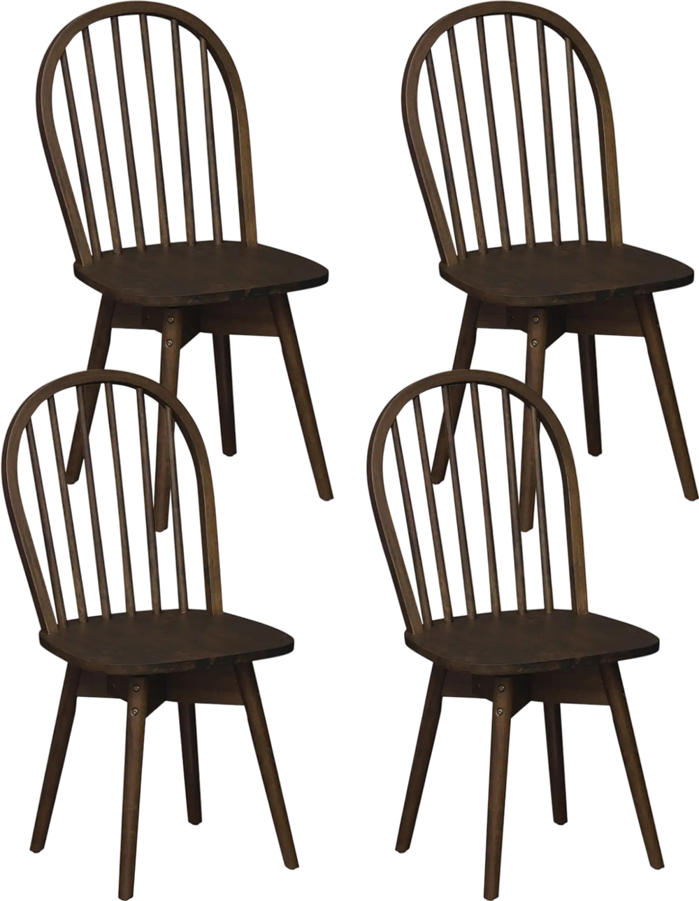 Set of 4 Swivel Windsor dining chairs with solid rubber wood frame in walnut, featuring a comfortable wide seat and.