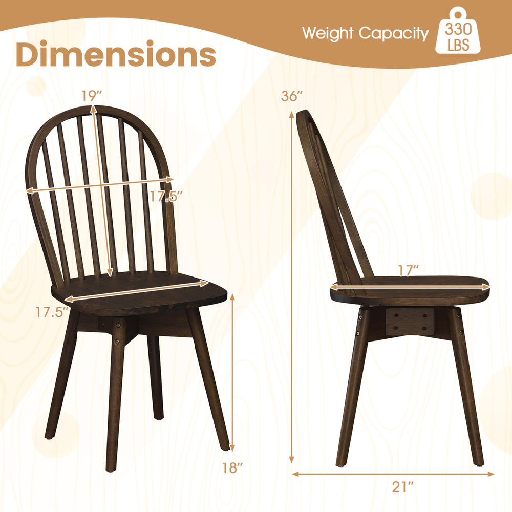 Dimensions of Swivel Windsor Dining Chair in walnut finish, featuring solid rubber wood frame and comfortable wide seat.