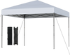 10x10 feet pop-up canopy tent in white with portable carrying bag and 8 stakes, ideal for outdoor events and picnics.