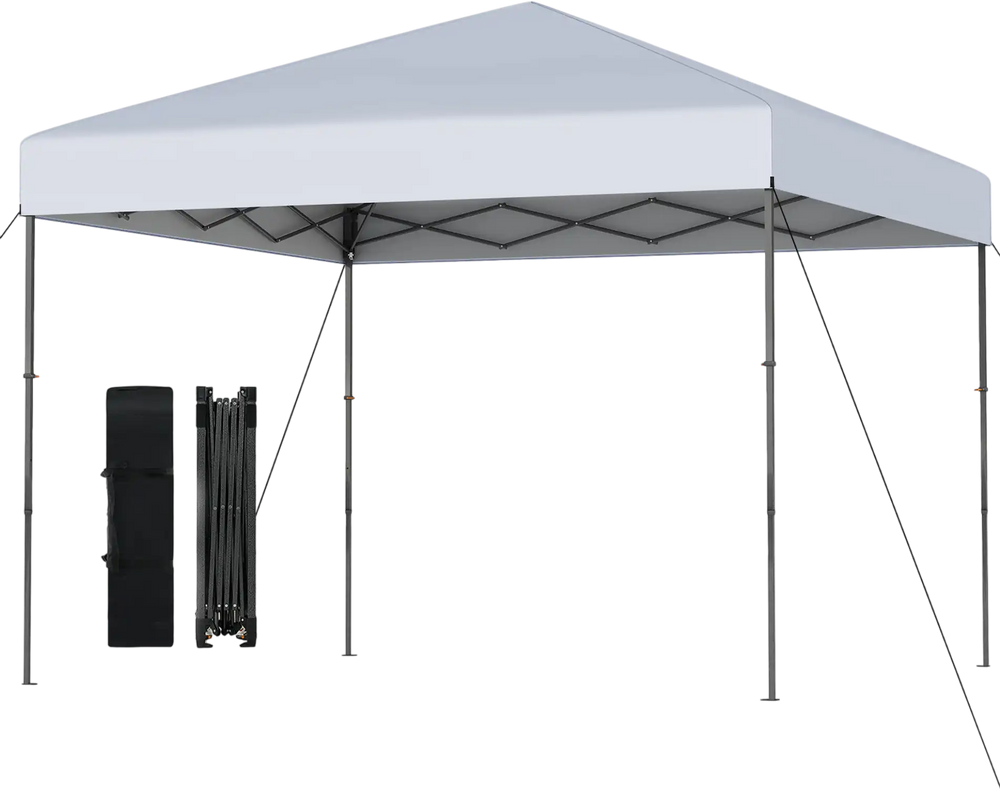 10x10 feet pop-up canopy tent in white with portable carrying bag and 8 stakes, ideal for outdoor events and picnics.