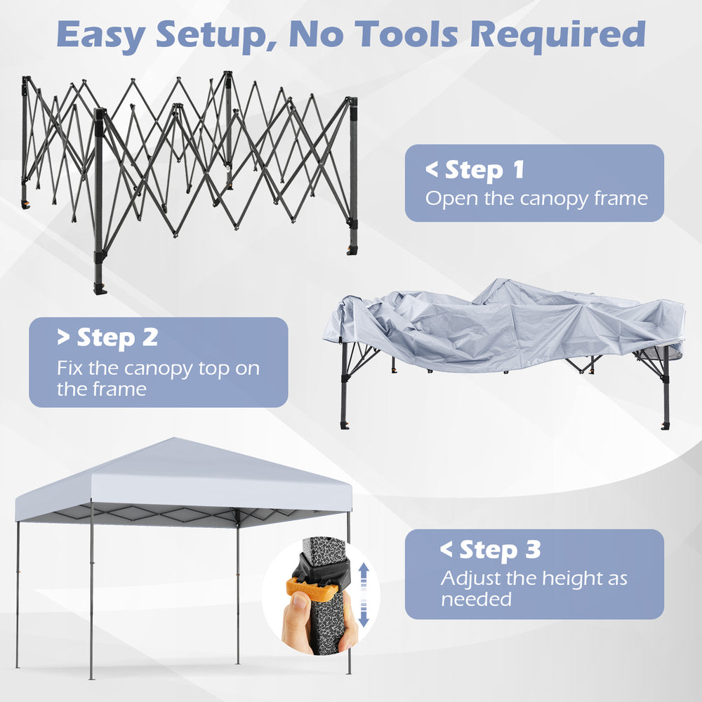 Pop-up canopy tent setup steps showing frame assembly, canopy attachment, and height adjustment for outdoor use.