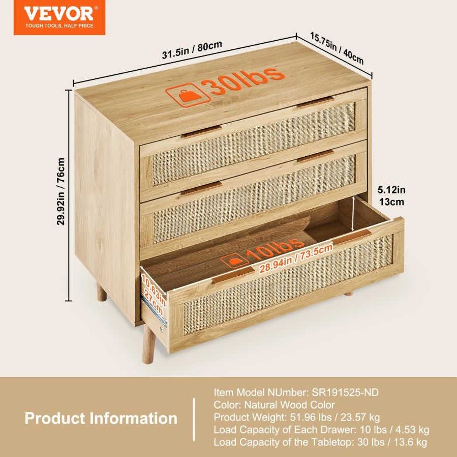 Vevor Natural Rattan Dresser 3-Drawer Boho Style Chest for Bedroom and Living Room New