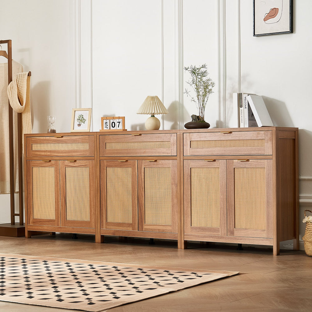 Vevor Buffet Cabinet 90" Rattan with Magnetic Doors and Adjustable Shelves Set of 3 New