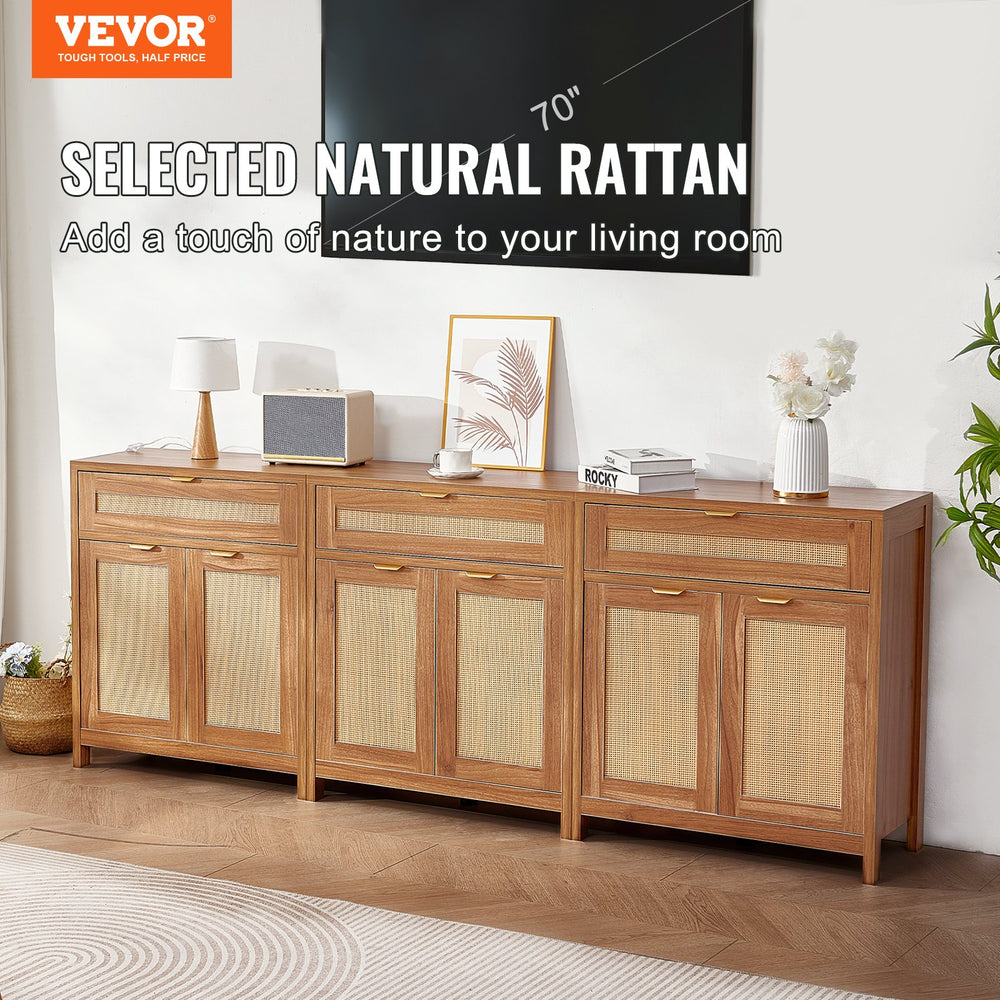 Vevor Buffet Cabinet 90" Rattan with Magnetic Doors and Adjustable Shelves Set of 3 New