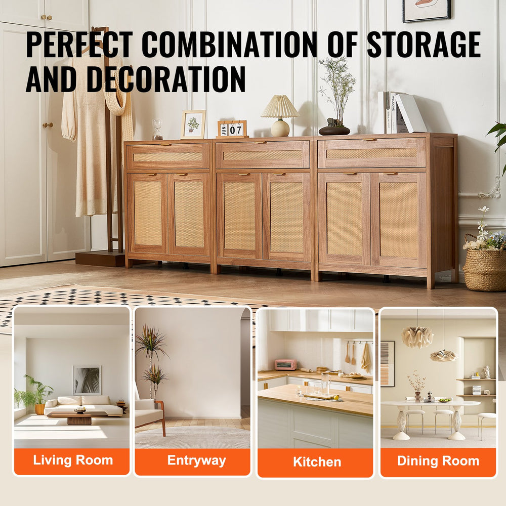 Vevor Buffet Cabinet 90" Rattan with Magnetic Doors and Adjustable Shelves Set of 3 New