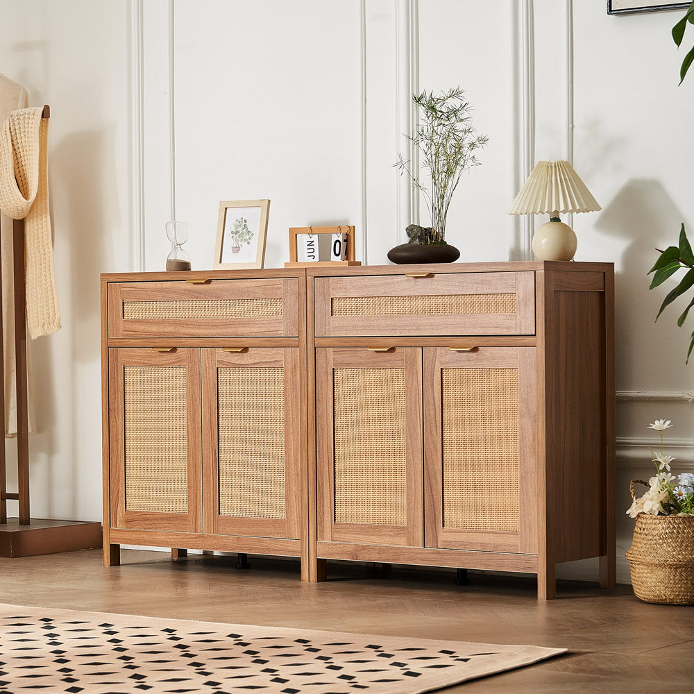 Vevor Buffet Cabinet 63" Rattan with Magnetic Doors and Adjustable Shelves Set of 2 New