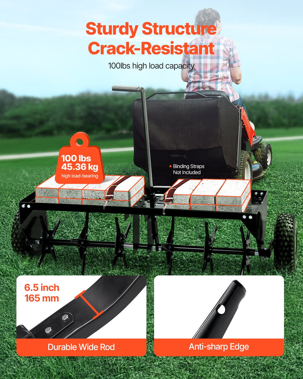 Vevor Tow Behind Lawn Plug Aerator 40" with 3" Spikes 100 Lb Capacity Universal Hitch New