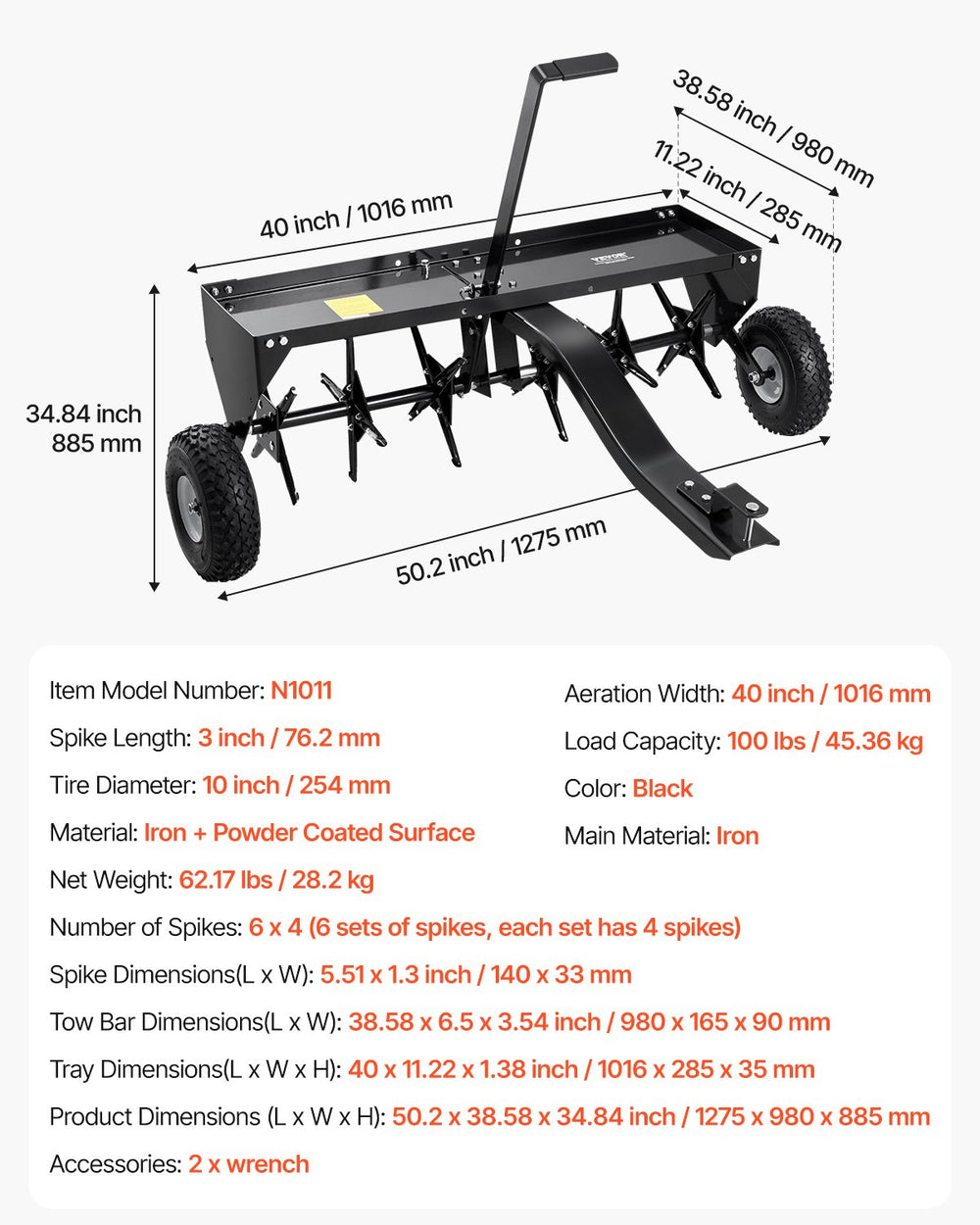 Vevor Tow Behind Lawn Plug Aerator 40" with 3" Spikes 100 Lb Capacity Universal Hitch New