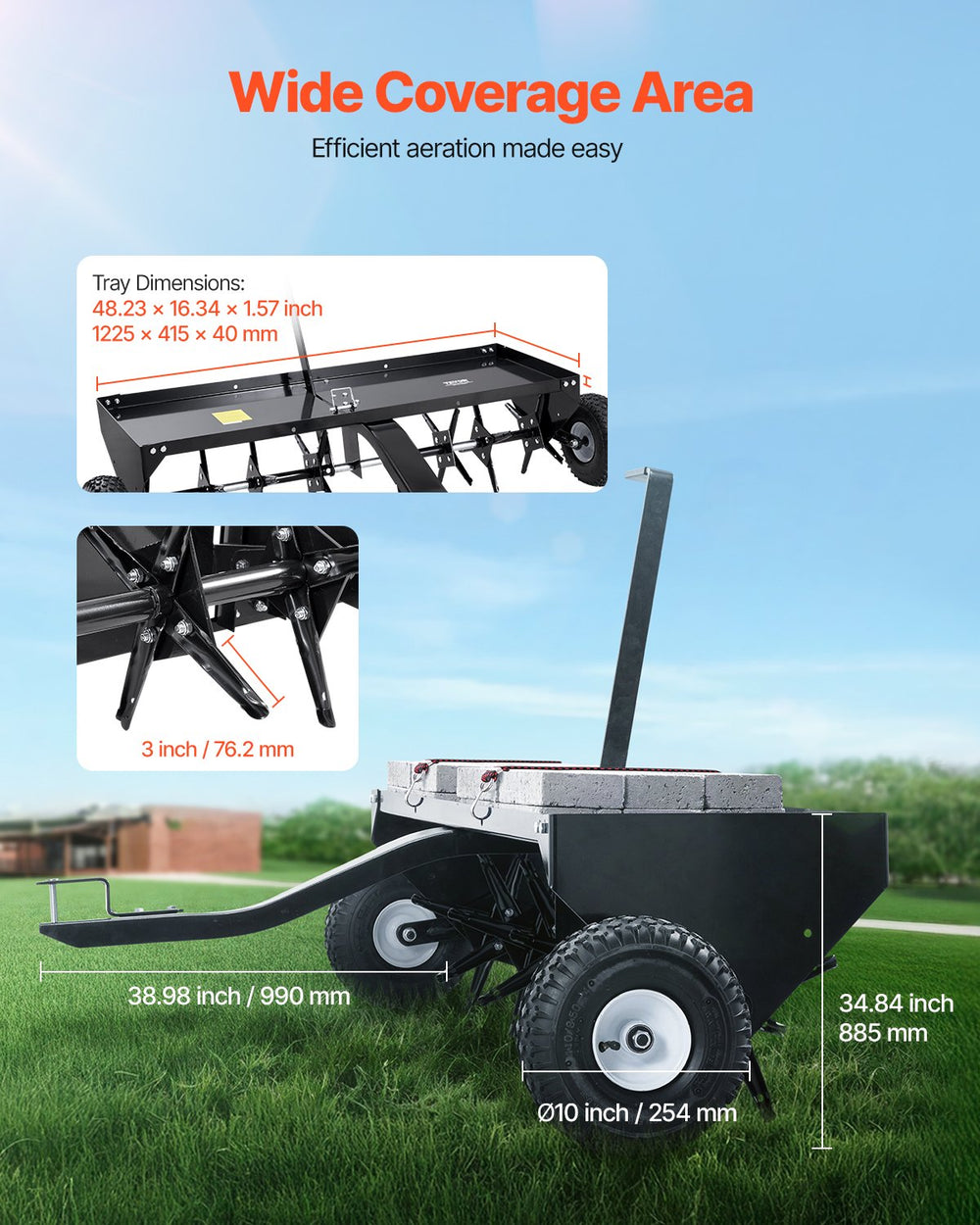 Vevor Tow Behind Lawn Plug Aerator 48" with 3" Spikes 140 Lb Capacity Universal Hitch New