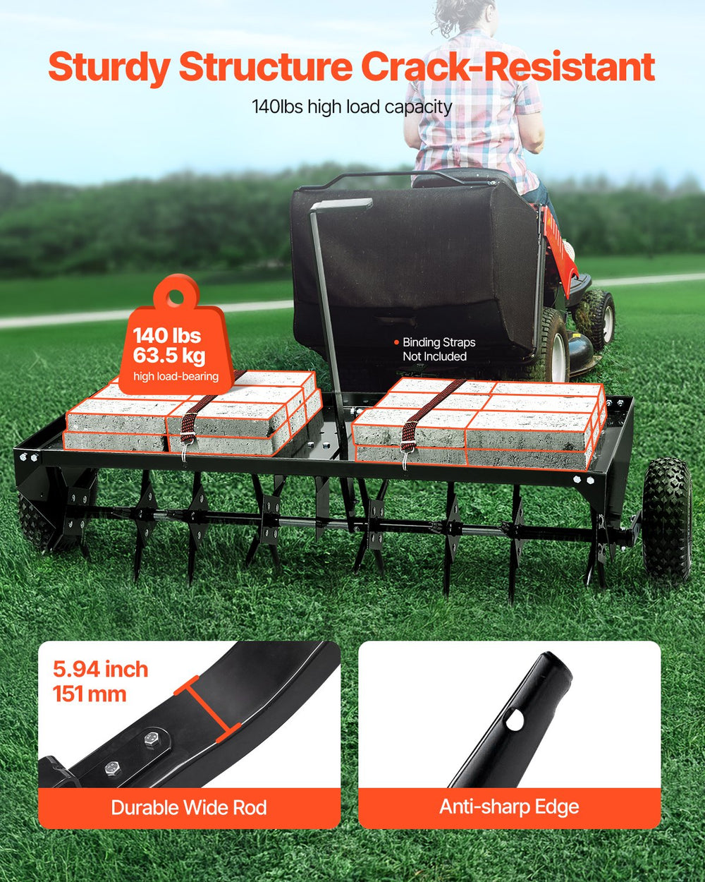 Vevor Tow Behind Lawn Plug Aerator 48" with 3" Spikes 140 Lb Capacity Universal Hitch New