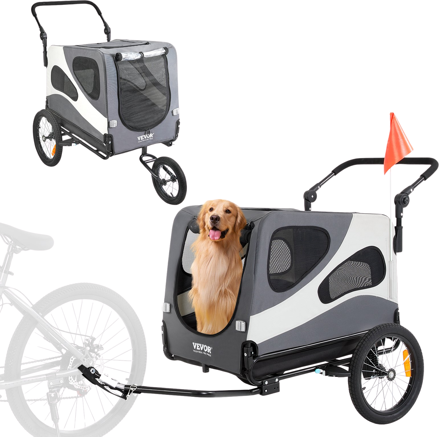 Vevor Dog Bike Trailer 100 lbs. Capacity 2 in 1 Pet Bicycle Stroller F FactoryPure