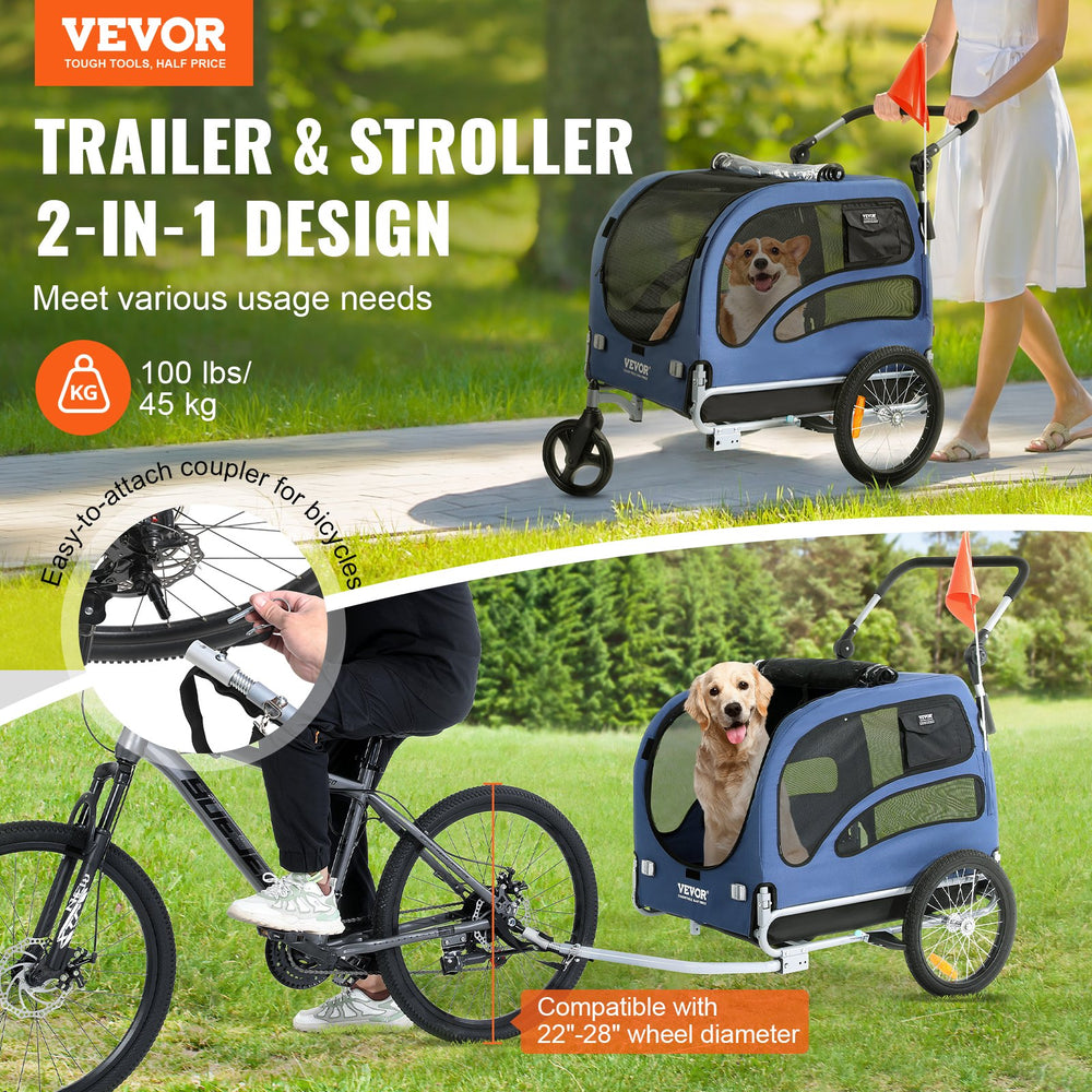 bike trailer pedal VEVOR Dog Bike Trailer Supports up to 100 Lbs 2-in-1 Pet Stroller Cart Bicycle Carrier Easy Folding Cart Frame with Quick Release Wheels Universal