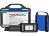 Topdon diagnostic scan tool kit with tablet displaying system diagram, handheld scanner device, and blue carrying case.