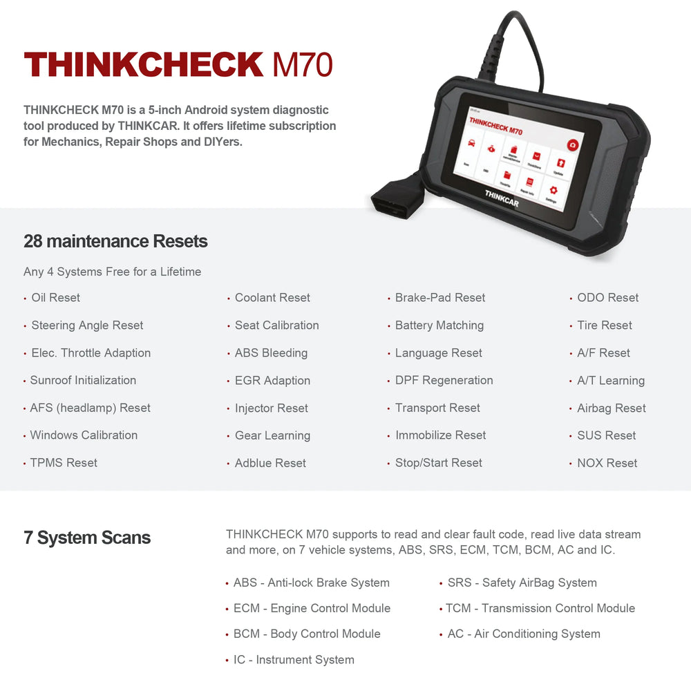 Thinkcar Thinkcheck M70 Diagnostic Tablet 5" Full System OBD2 Scanner Code Reader New