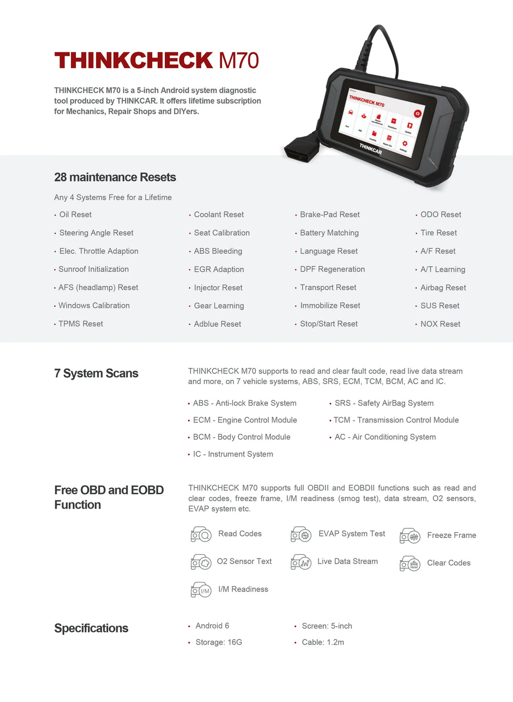 Thinkcar Thinkcheck M70 Diagnostic Tablet 5" Full System OBD2 Scanner Code Reader New