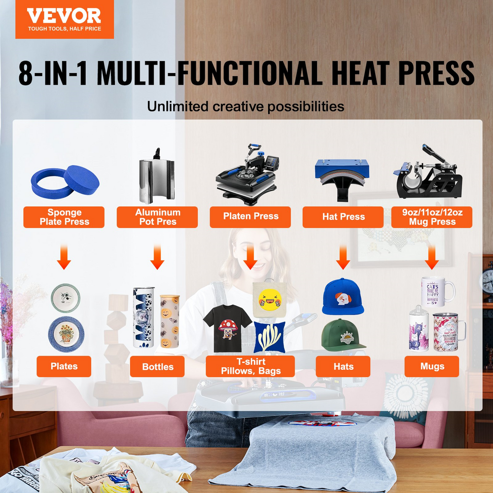 Vevor 15" x 15" Heat Press 8-in-1 Sublimation Machine With 360 Swing Away Rotation and Dual Tube Heating Blue P8038 New