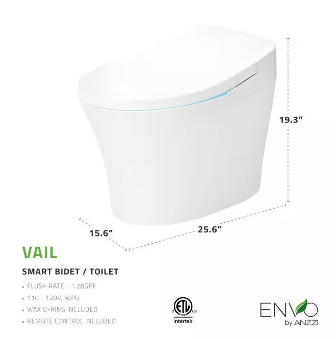 Anzzi TL-ST823WH Envo Vail Bidet Toilet Smart 1.28 GPF Elongated with Remote Control and Heated Seat New