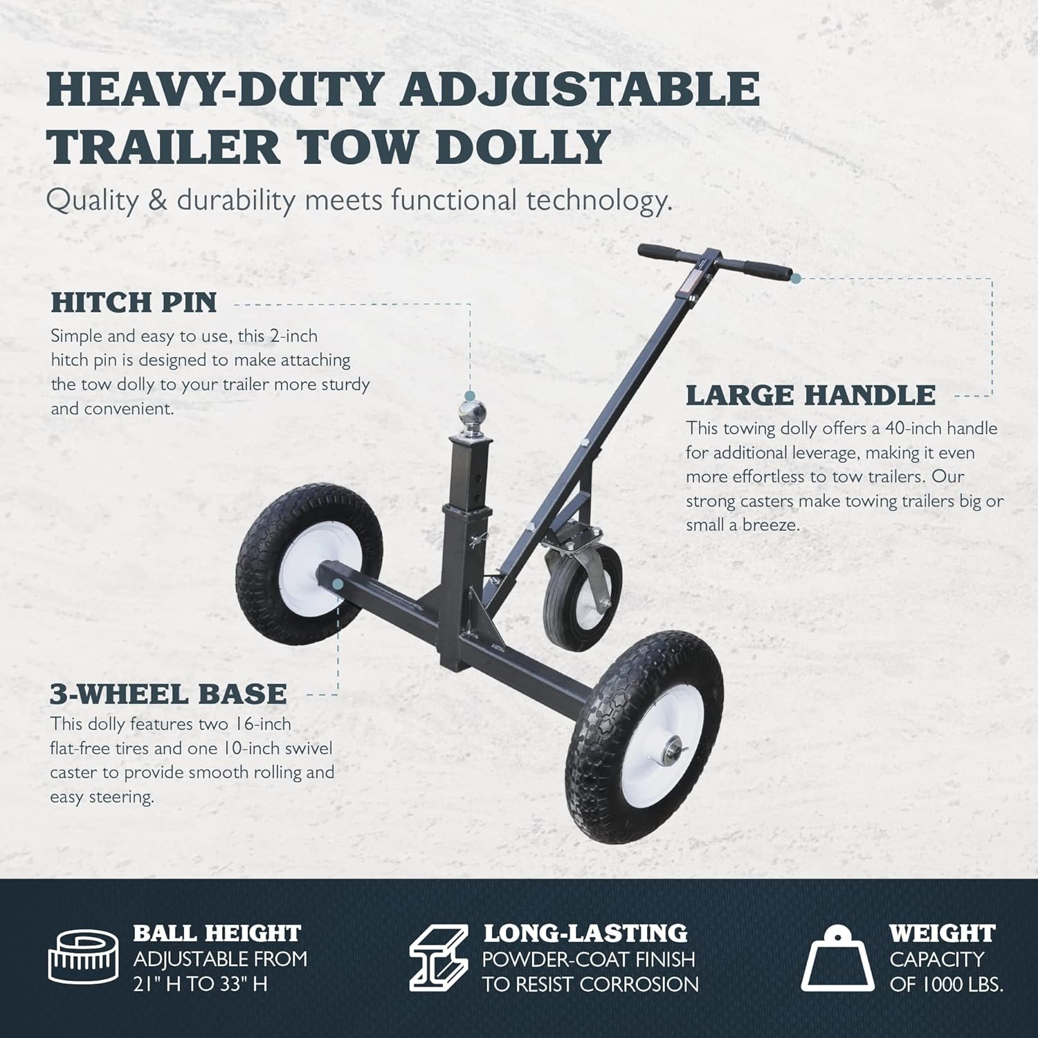 Tow Tuff TMD-1000C Trailer Dolly Adjustable 21" to 33" Max Weight 1000lbs Works with 2" Coupler or Larger New