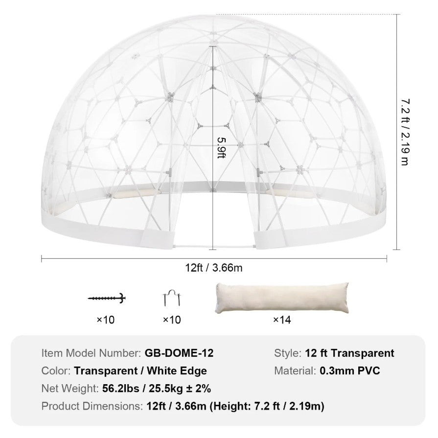 Vevor Transparent Dome Bubble Tent 12' Outdoor Igloo Shelter for Camping and Events New