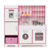 Kids kitchen playset in pink with adjustable LED lights, removable sink, and storage for imaginative play.