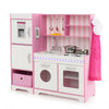 Kids kitchen playset in pink with LED lights, removable sink, and washing machine for imaginative play and organization.