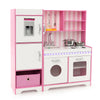 Kids kitchen playset in pink with LED lights, washing machine, and removable sink for imaginative play and organization.
