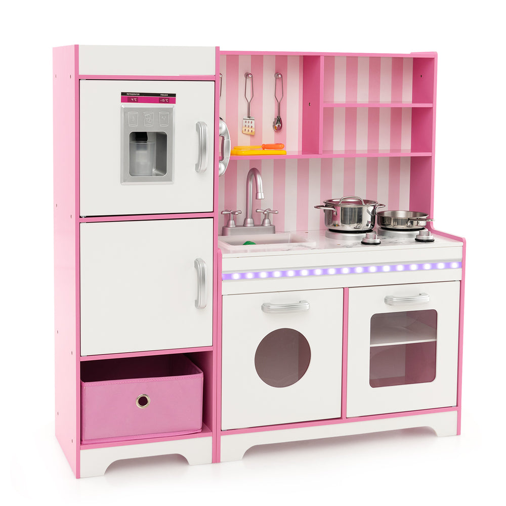 Kids kitchen playset in pink with LED lights, washing machine, and removable sink for imaginative play and organization.