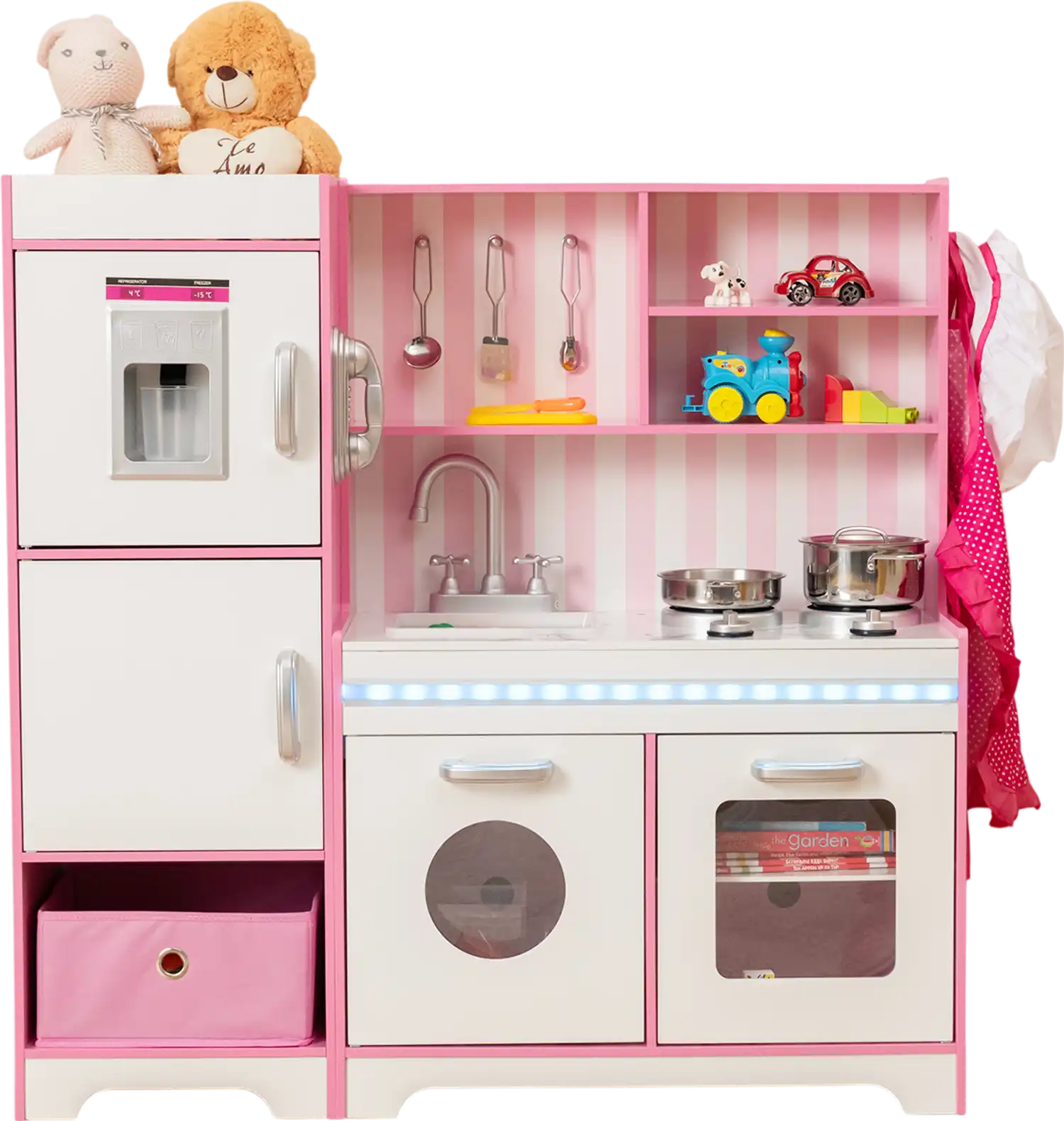 Costway Kids Wooden Kitchen Playset Pink Adjustable LED Lights Washing Machine 42159687 New