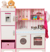 Kids kitchen playset in pink featuring an ice maker, adjustable LED lights, and a spacious storage cabinet for.