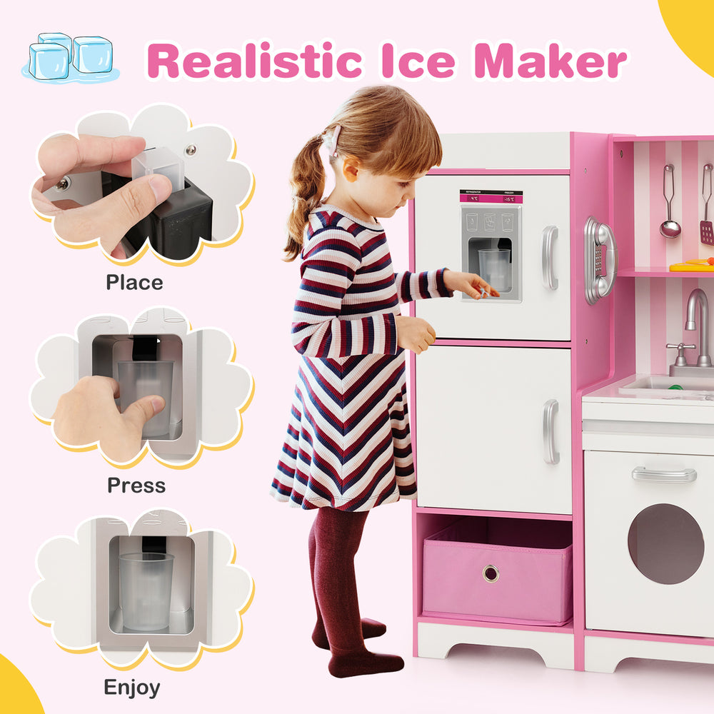 Kids kitchen playset with ice maker, LED lights, and washing machine for imaginative play and skill development.