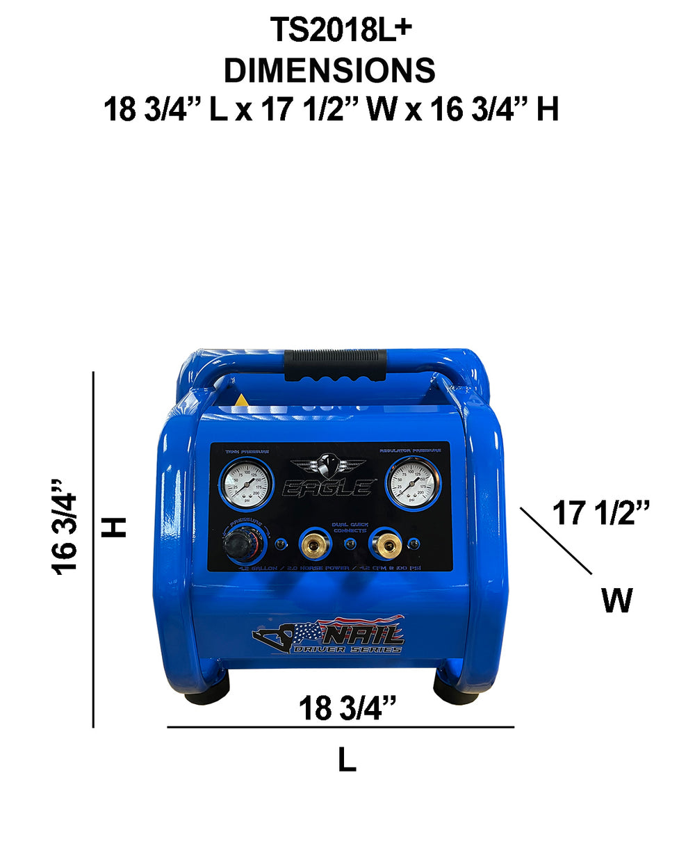 Eagle TS2018L+ Air Compressor Hand Carry Frame 125 PSI 4.2 Gal. 4.2 CFM 2 HP Electric 120V New