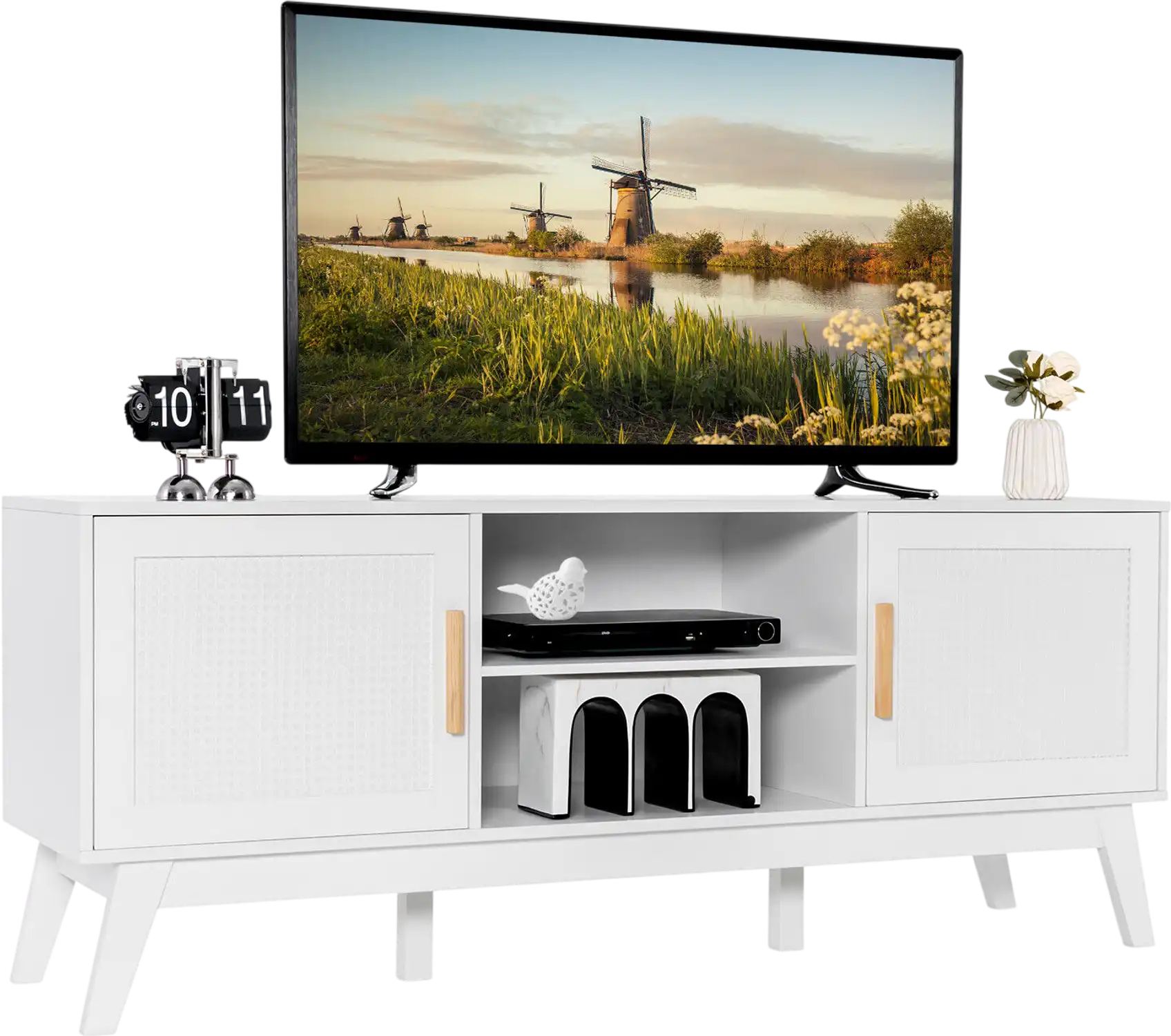 Costway TV Stand Entertainment Media Console 2 Rattan Cabinets Open Shelves 30914862 New