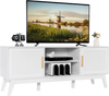 Mid-century modern white TV stand with rattan cabinets and open shelves, ideal for flat screen TVs up to 65 inches.
