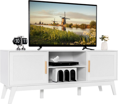 Costway TV Stand Entertainment Media Console 2 Rattan Cabinets Open Shelves 30914862 New