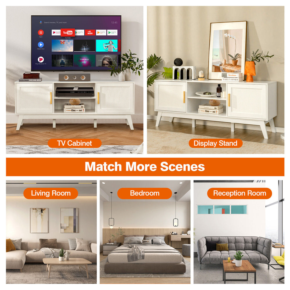 Mid-century modern TV stand in white with rattan cabinets, open shelves, and cable management for organized.