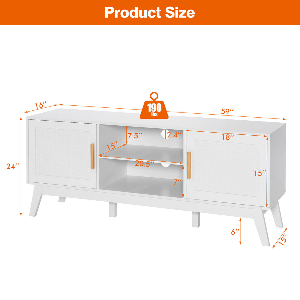Mid-century modern white TV stand with rattan cabinets, open shelves, and cable management, supporting TVs up to 65.