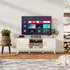 Mid-century modern TV stand in white with rattan cabinets, open shelves, and cable management for tidy entertainment.