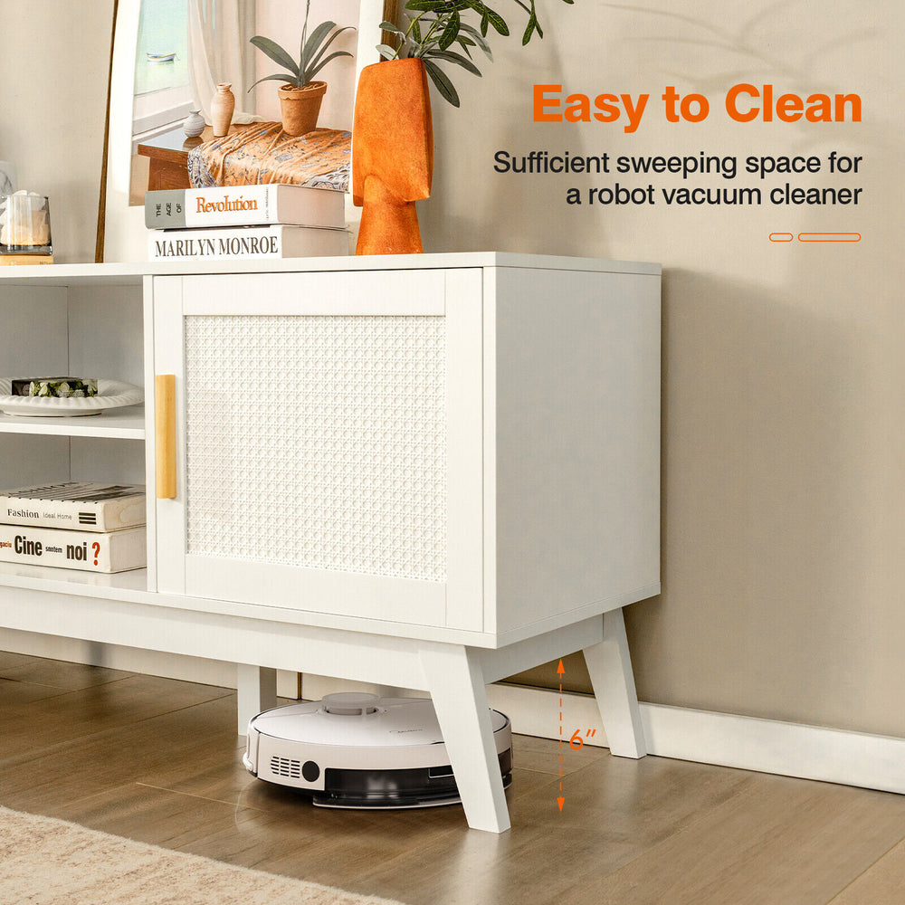 TV stand with rattan cabinets and open shelves, designed for TVs up to 65 inches, featuring easy cable management.