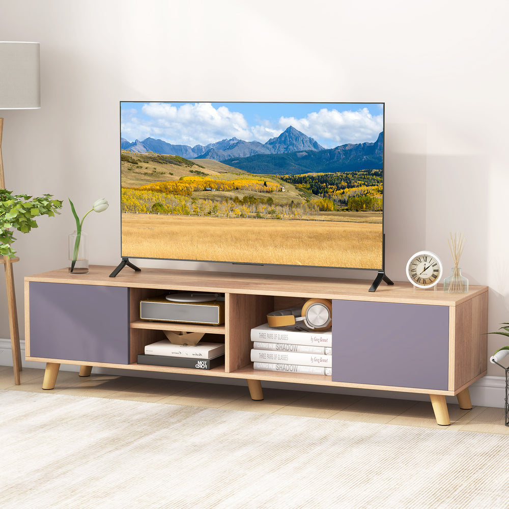 TV stand cabinet for TVs up to 65 inches with open shelf and storage, featuring a minimalist design for living room use.